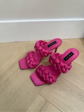 Aqua Hot Pink Braided Double-Strap Heeled Sandals